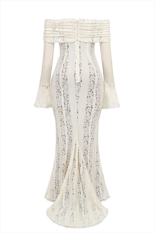 Lune London | Floral Lace Off Shoulder Flare Sleeve Fishtail Maxi Dresses - White
