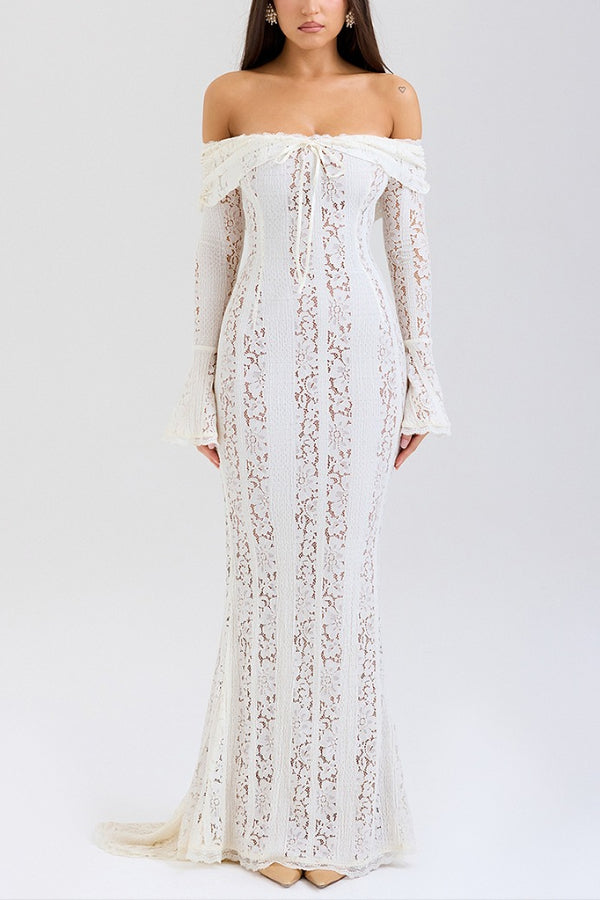 Lune London | Floral Lace Off Shoulder Flare Sleeve Fishtail Maxi Dresses - White