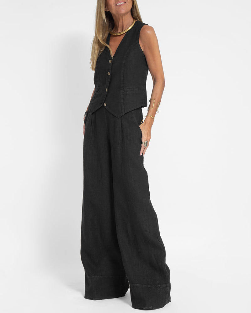 Lune London | Elegant 2-Piece Set Linen Wide Pants & Vest