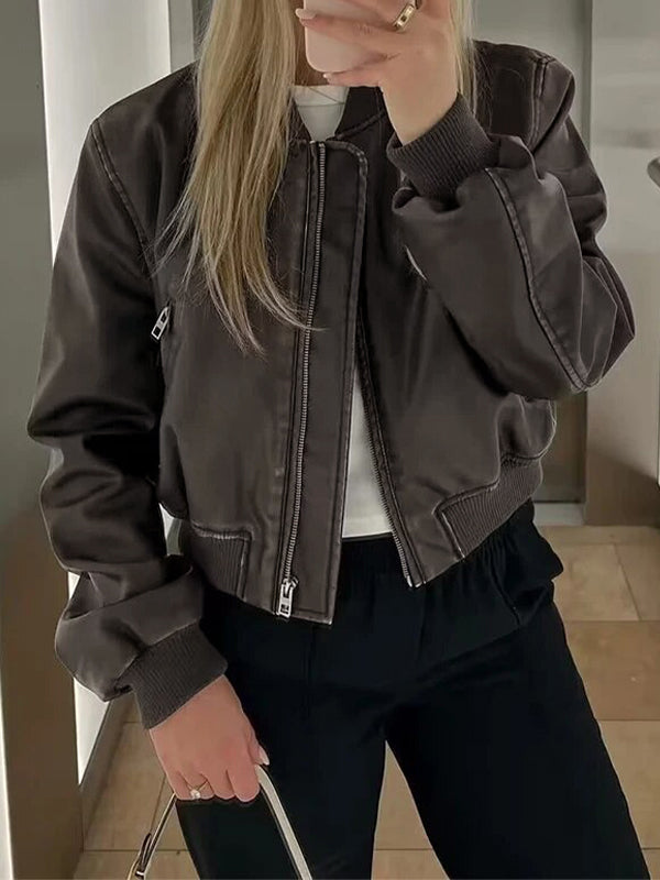 Lune London | Solid Color Leather Bomber Jacket