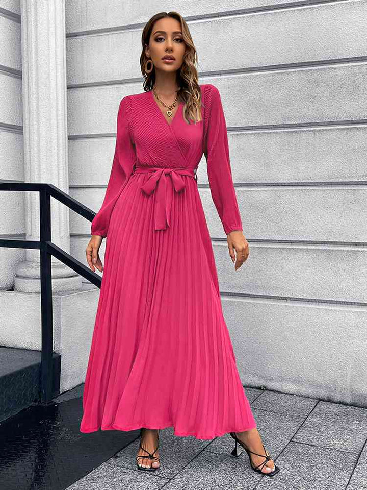 Lune London | V-neck Tie Belt Pleated Maxi Dress