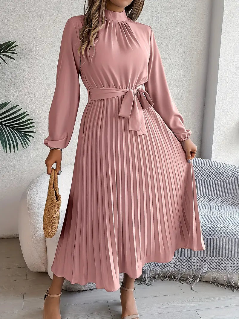 Lune London | Simple Dress with Stand-Up Collar and Pleated Belt