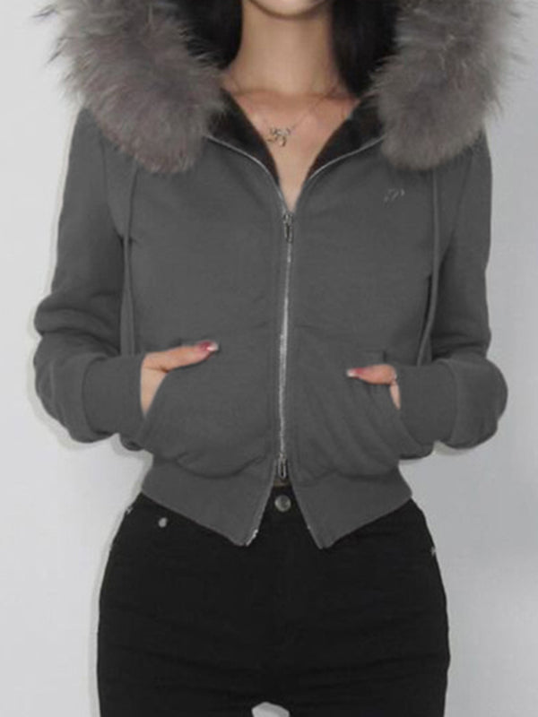 Lune London | Solid Color Letter Embroidery Faux Fur Seam Jacket