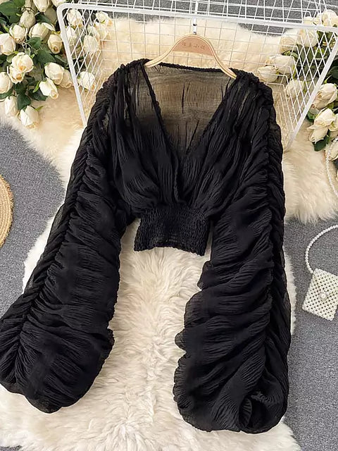 Lune London | Elegant Chiffon V-Leather Puff Long Sleeve Short Tops