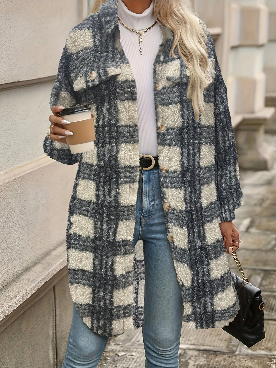 Lune London | Checked button jacket with fuzzy pattern