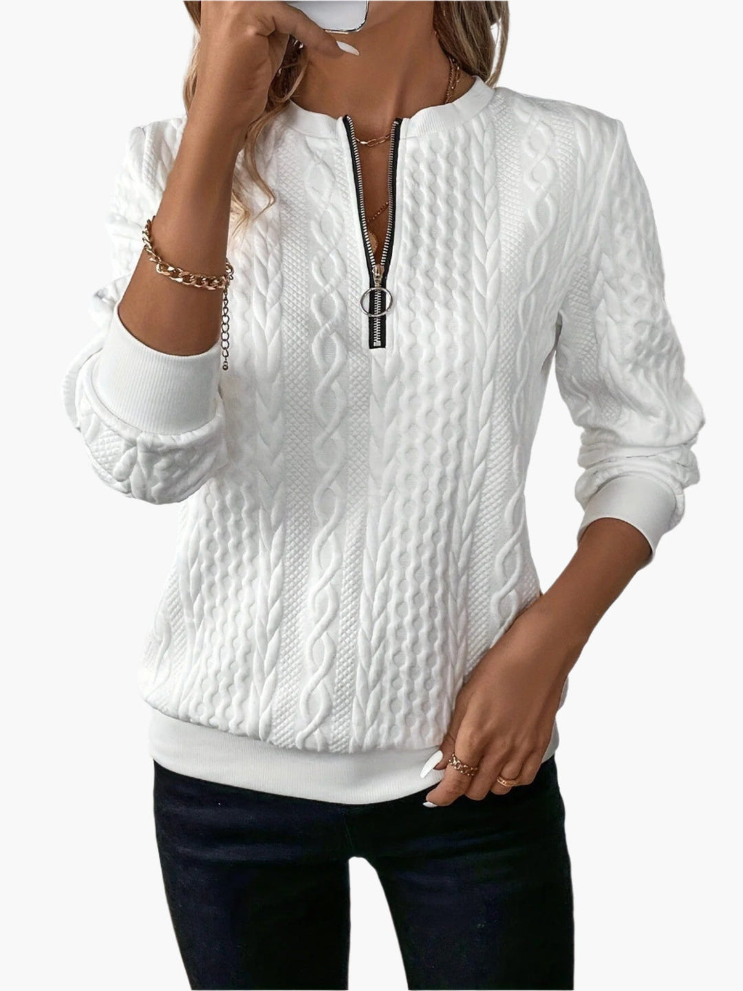 Lune London | Knitted sweater with twisted pattern and zipper - Fashionable casual sweater for autumn and winter