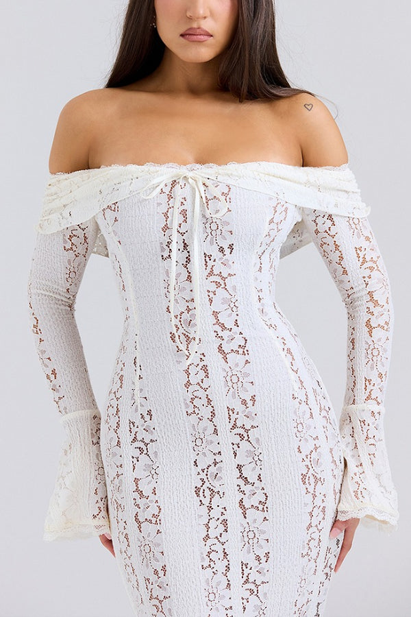 Lune London | Floral Lace Off Shoulder Flare Sleeve Fishtail Maxi Dresses - White