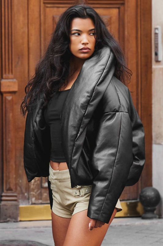 Lune London | Leather Stand Collar Cropped Puffer Jacket