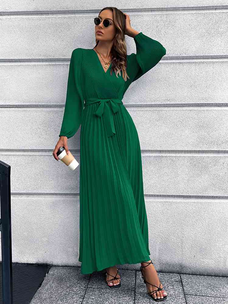 Lune London | V-neck Tie Belt Pleated Maxi Dress