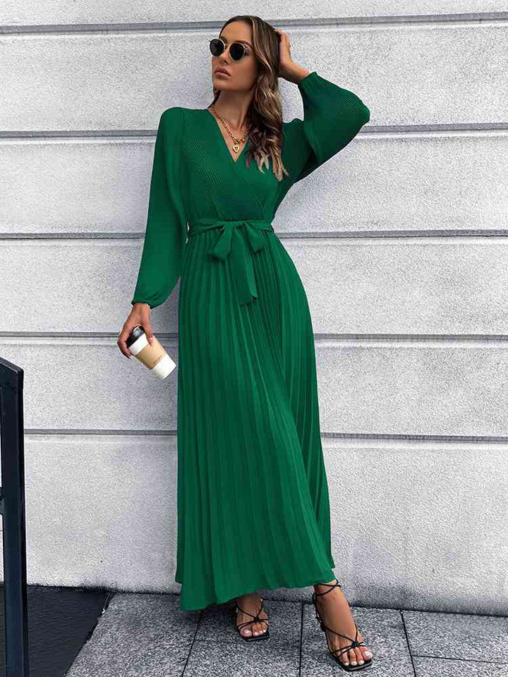 Lune London | V-neck Tie Belt Pleated Maxi Dress