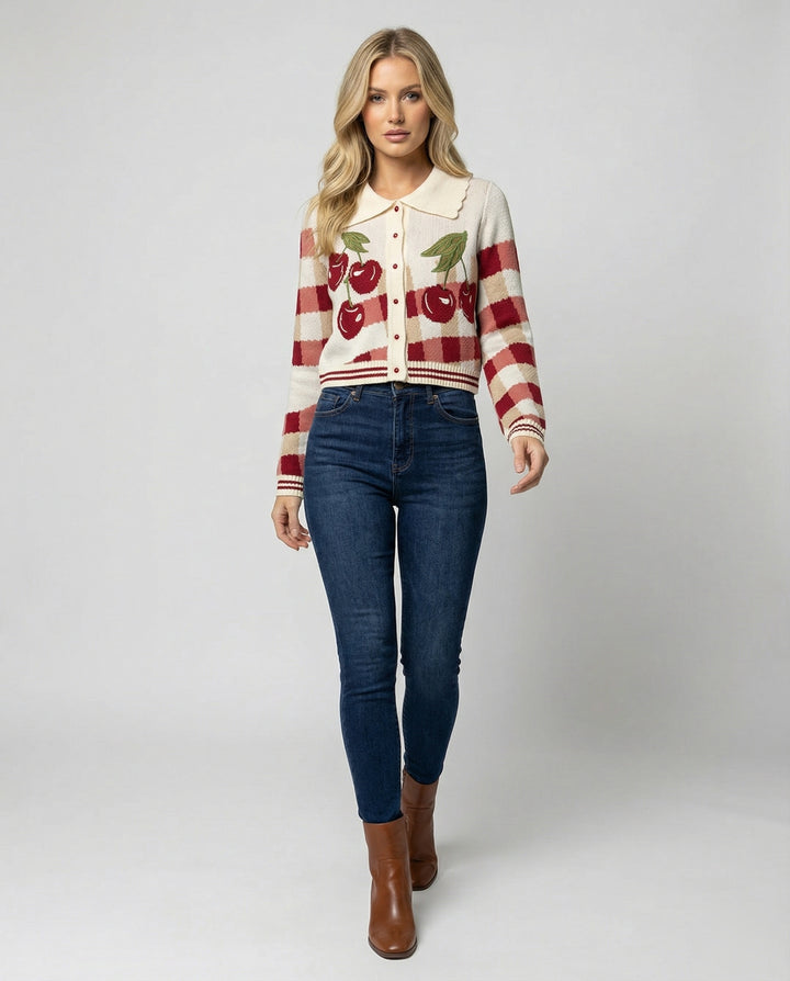 Ladies cheerful Cropped knitted jacket with cherry blossom floral pattern Lune London