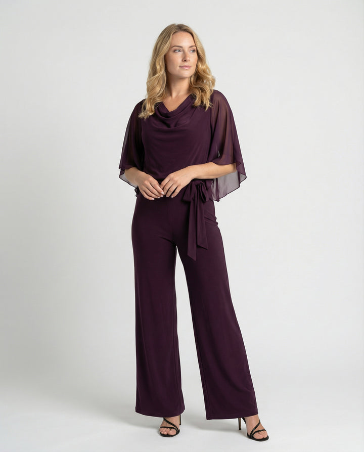Women’s Wide-Leg Jumpsuit with Cascading Neckline & Lace-Up Waist | Lune London