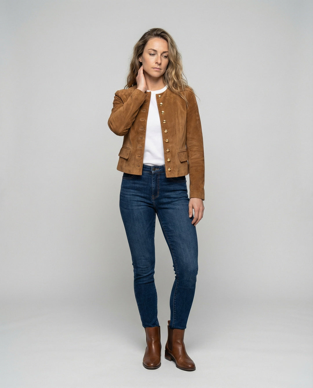 Women's suede jacket with gold buttons