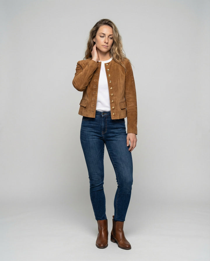 Women's suede jacket with gold buttons