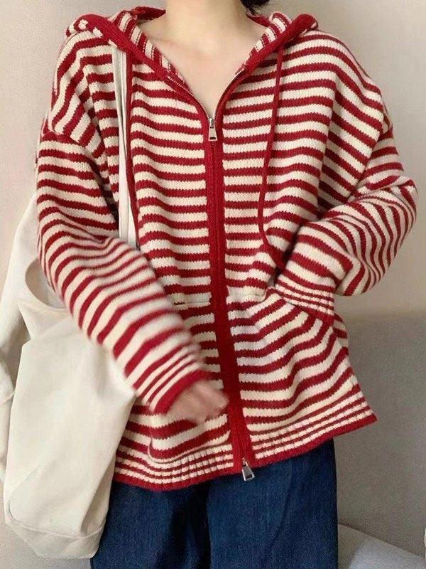Chic und Stil | Cozy striped hooded cardigan with zipper