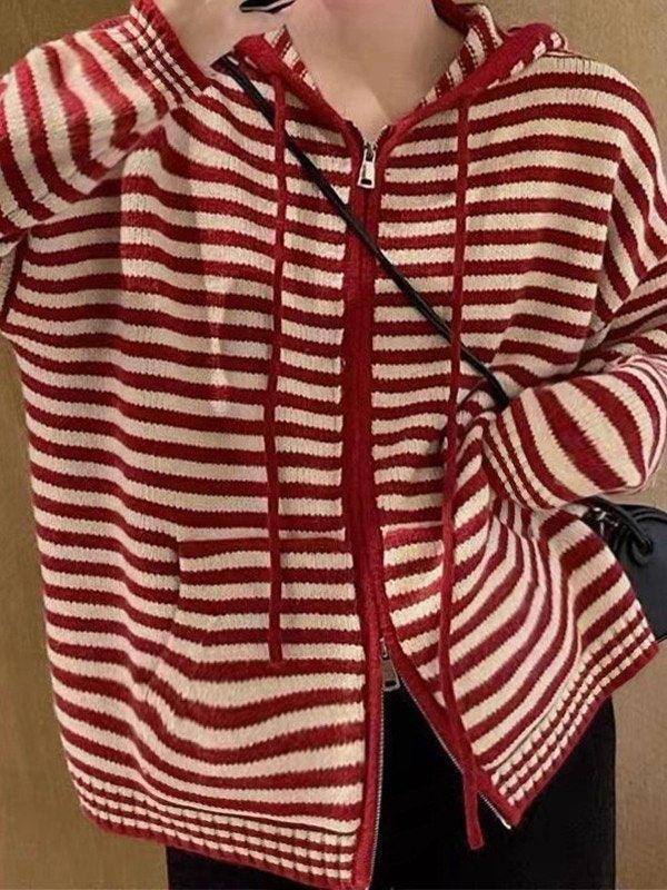 Chic und Stil | Cozy striped hooded cardigan with zipper