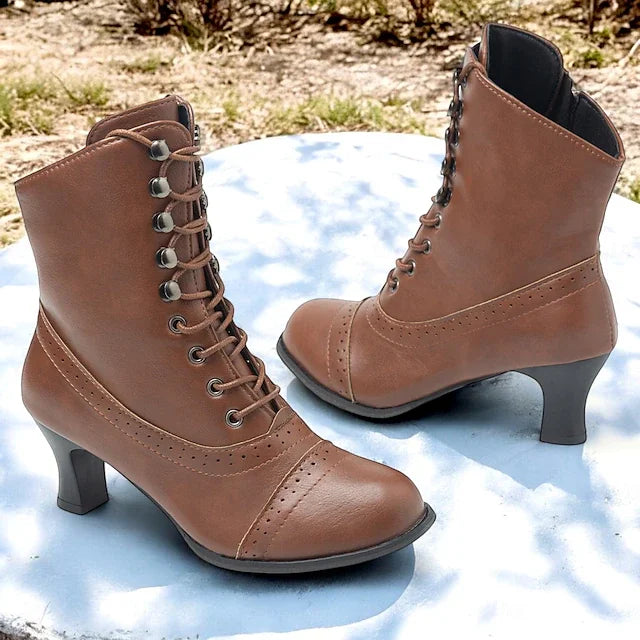 Lune London | Women Victorian Brown Mid-Heel Lace-Up Boots with Zipper