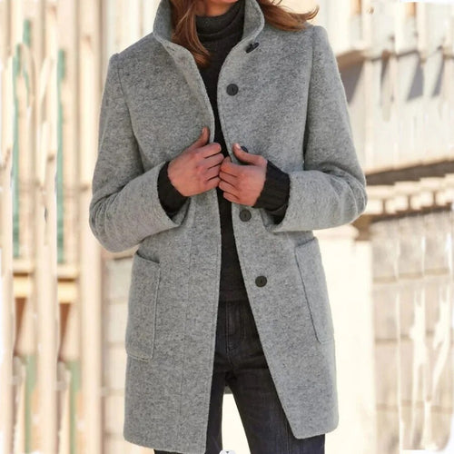 Gray coat with stand-up collar and pockets