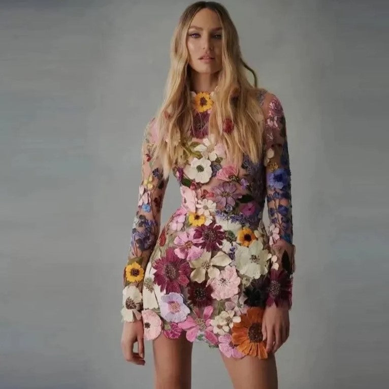 Lune London | Mini dress with floral appliqués and a sheer look