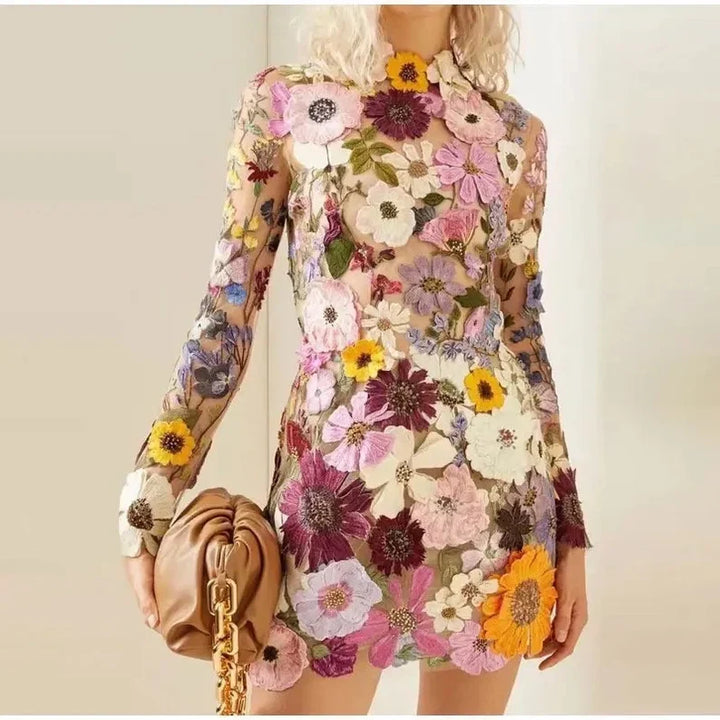 Lune London | Mini dress with floral appliqués and a sheer look