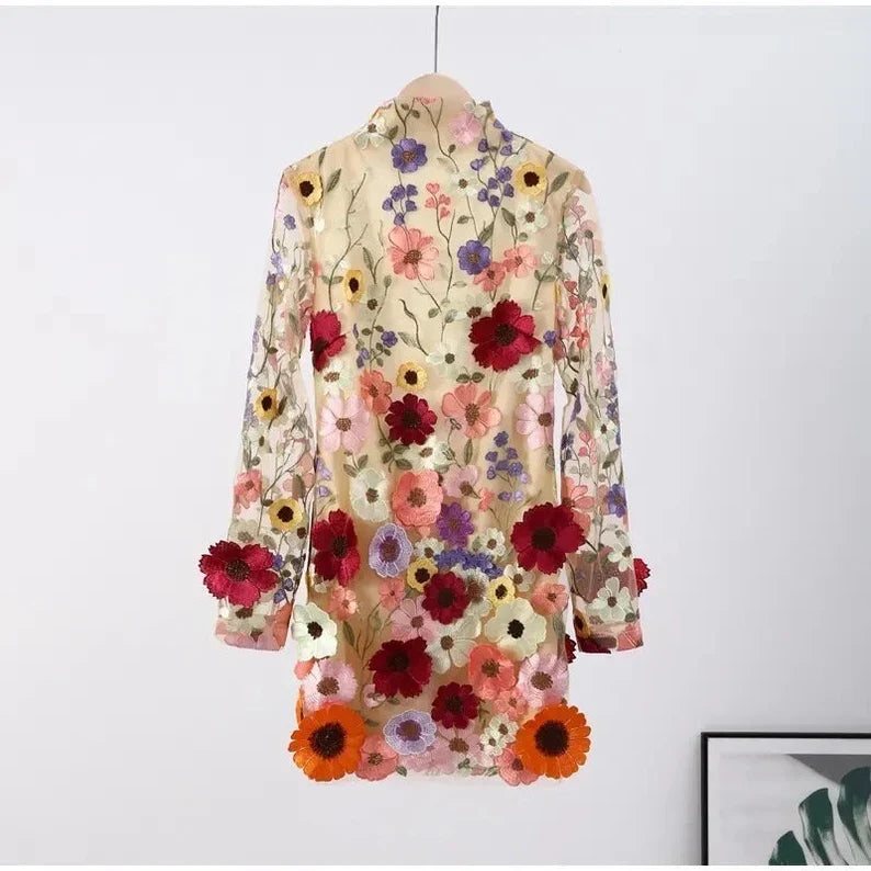 Lune London | Mini dress with floral appliqués and a sheer look