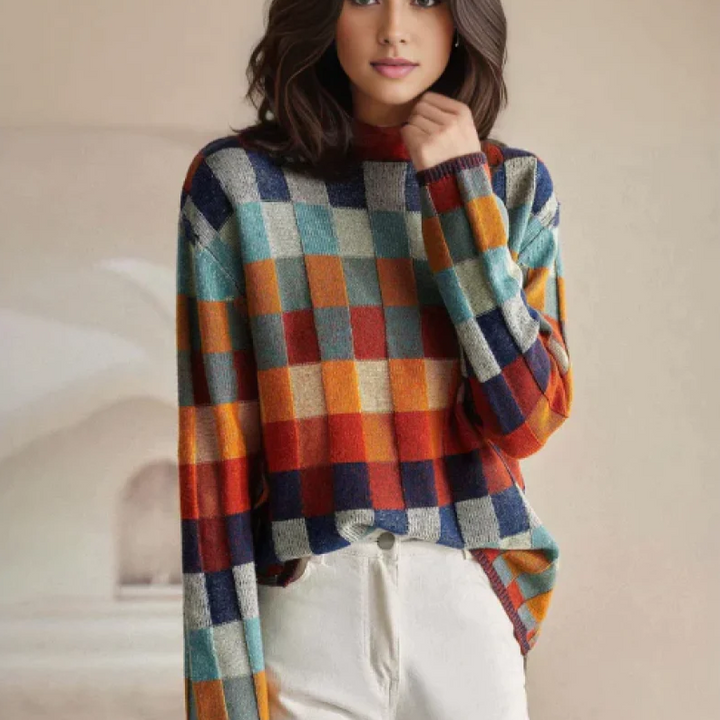 Women’s Check Knit Sweater with Crew Neck & Soft Comfort | Lune London