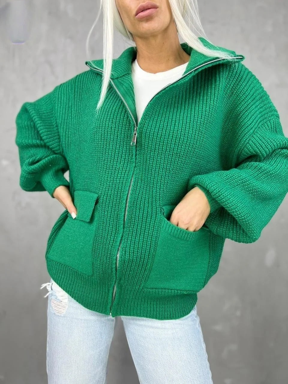 Lune London | Jacket - Knit Fabric - Loose Fit - Ribbed Structure - Zipper - Pockets