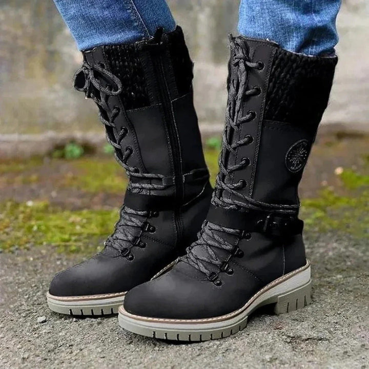 Lune London | Knee-high boots - Lace-up front - Wool cuff - Side zip - Buckle strap