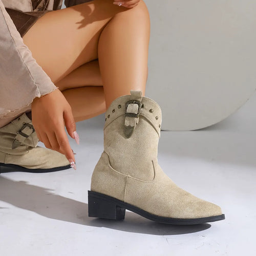 Lune London | Mid-Tube Boots - Suede Texture - Pointed Toe - Thick Heel - Buckle & Studs