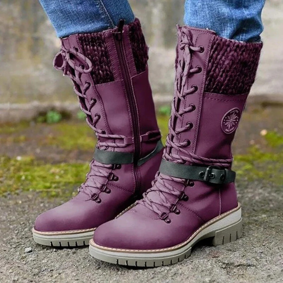 Lune London | Knee-high boots - Lace-up front - Wool cuff - Side zip - Buckle strap