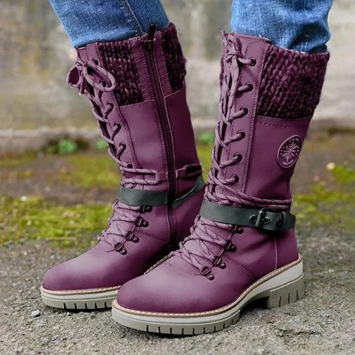 Lune London | Knee-high boots - Lace-up front - Wool cuff - Side zip - Buckle strap