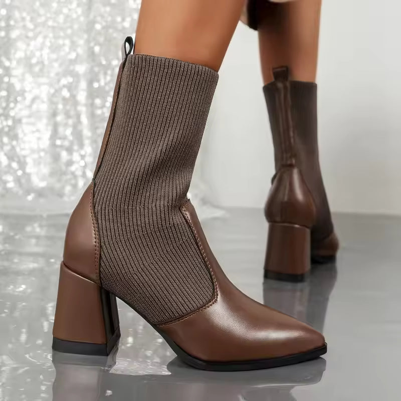Lune London | Ankle Boots - Pointed Toes - Knitted Sock Top - Block Heel - Slim Fit
