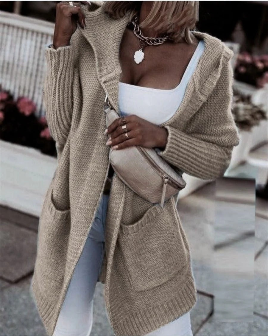 Lune London | Cardigan Plus Size Wool-Like Knit Hooded Open Front Pockets