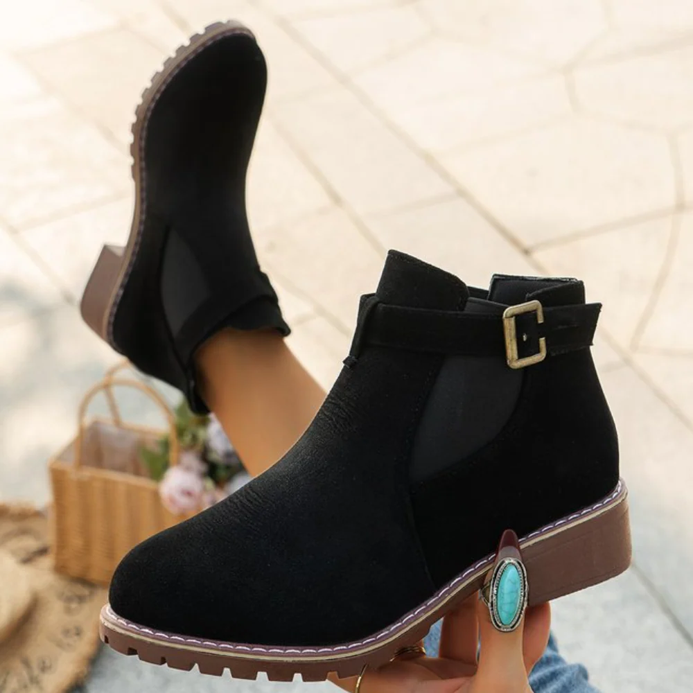 Lune London | Ankle Boots - Suede Texture - Buckle Strap - Elastic Panel - Rubber Sole
