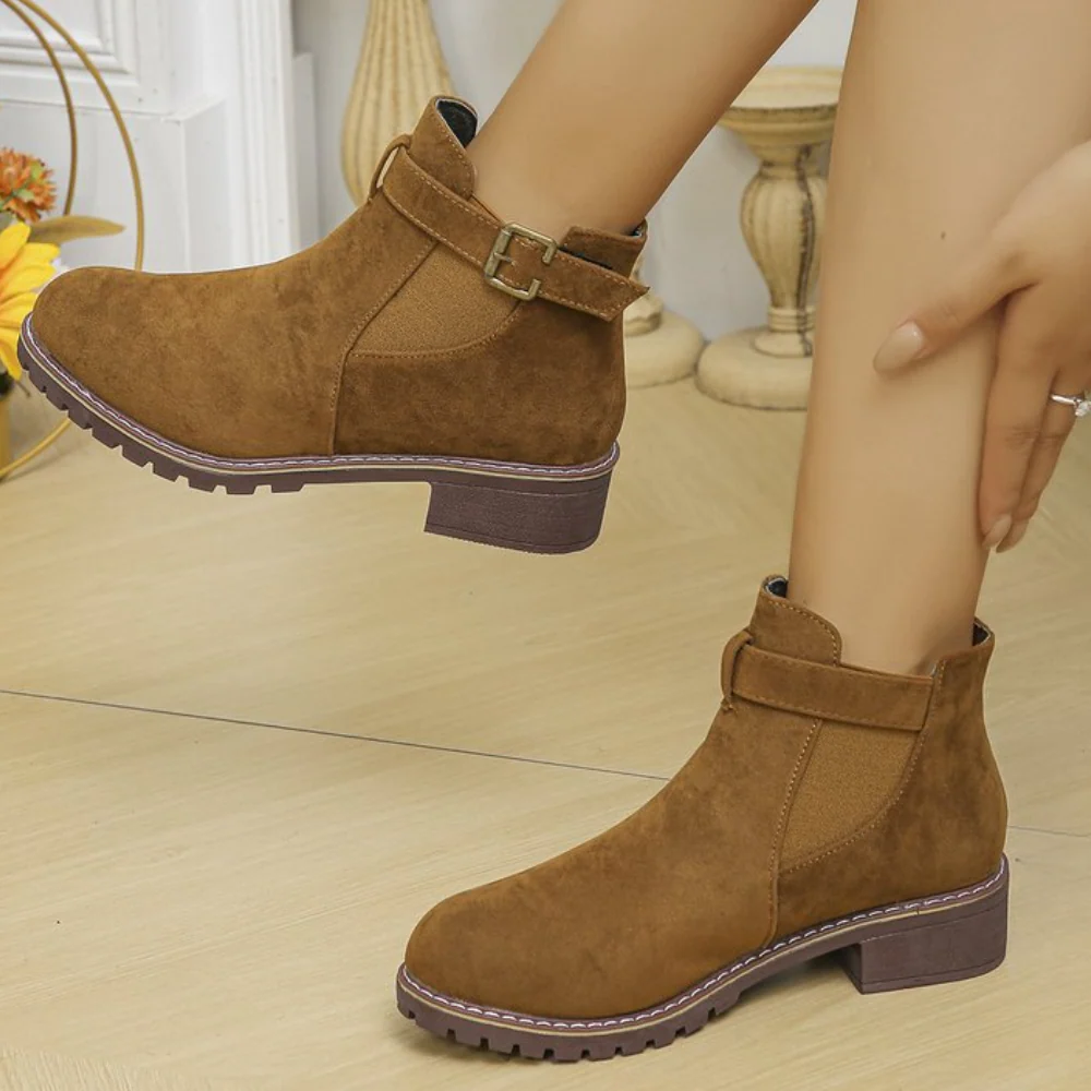 Lune London | Ankle Boots - Suede Texture - Buckle Strap - Elastic Panel - Rubber Sole