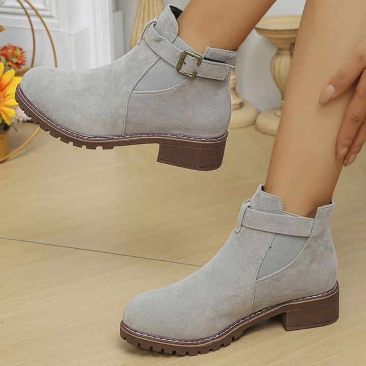 Lune London | Ankle Boots - Suede Texture - Buckle Strap - Elastic Panel - Rubber Sole