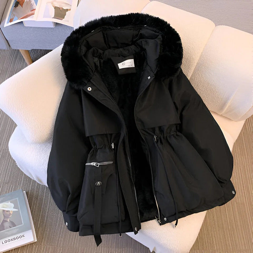 Lune London | Coat - Tailored fit - Hood with fur trim - Mid-length - Puff sleeves