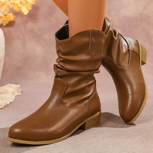 Lune London | Mid-Calf-Fashion-Boots - Slouch - Rounded Toe - Stacked Heel