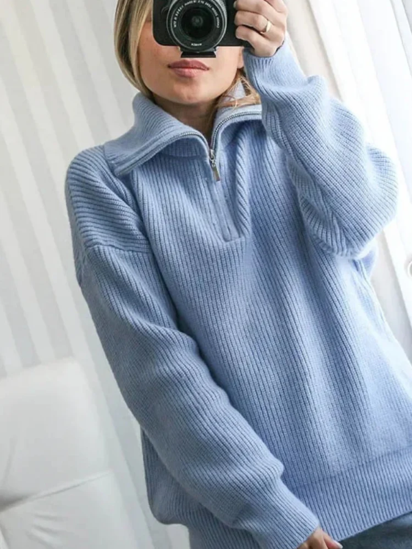 Lune London | Pullover Sweatshirt - Wool Knit - Loose Fit - High Zip Collar - Ribbed Trim