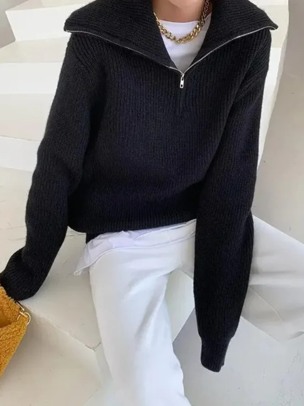 Lune London | Pullover Sweatshirt - Wool Knit - Loose Fit - High Zip Collar - Ribbed Trim