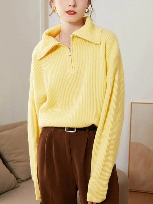 Lune London | Pullover Sweatshirt - Wool Knit - Loose Fit - High Zip Collar - Ribbed Trim