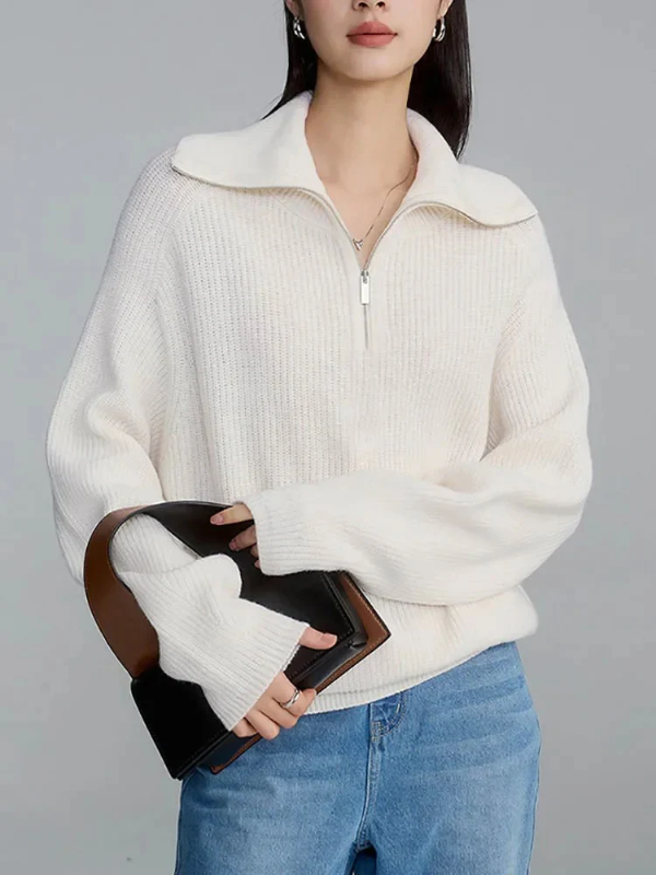 Lune London | Pullover Sweatshirt - Wool Knit - Loose Fit - High Zip Collar - Ribbed Trim