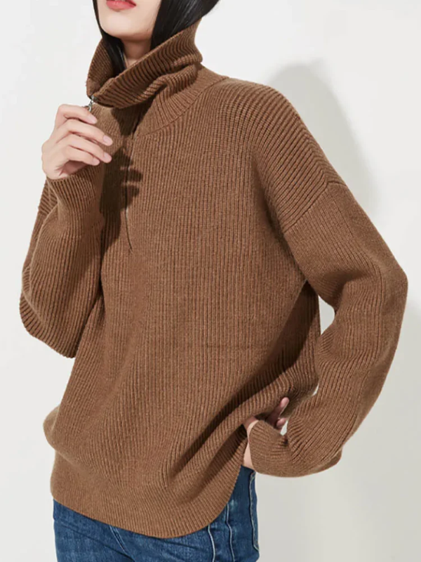 Lune London | Pullover Sweatshirt - Wool Knit - Loose Fit - High Zip Collar - Ribbed Trim