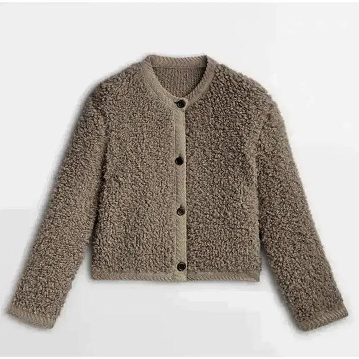 Lune London | Jacket - Relaxed Fit - Soft Teddy Texture - Button Closure - Round Neck