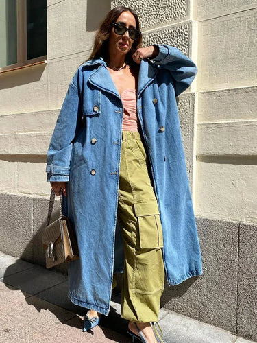 Lune London | Trench coat - Oversized Fit - Denim Look - Long Length - With Belt - Double Breasted