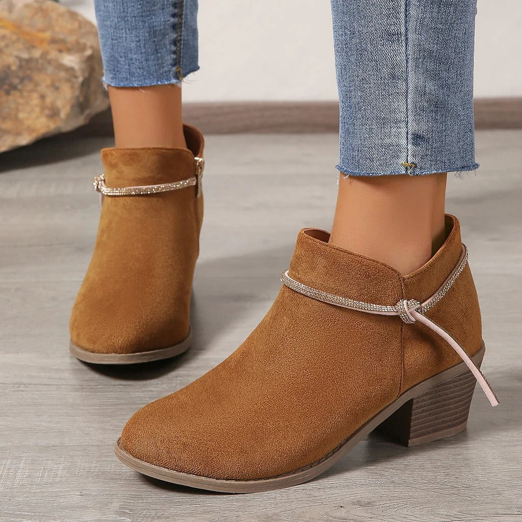 Lune London | Ankle Boots - Suede Finish - Block Heel - Zipper - Adjustable Detail
