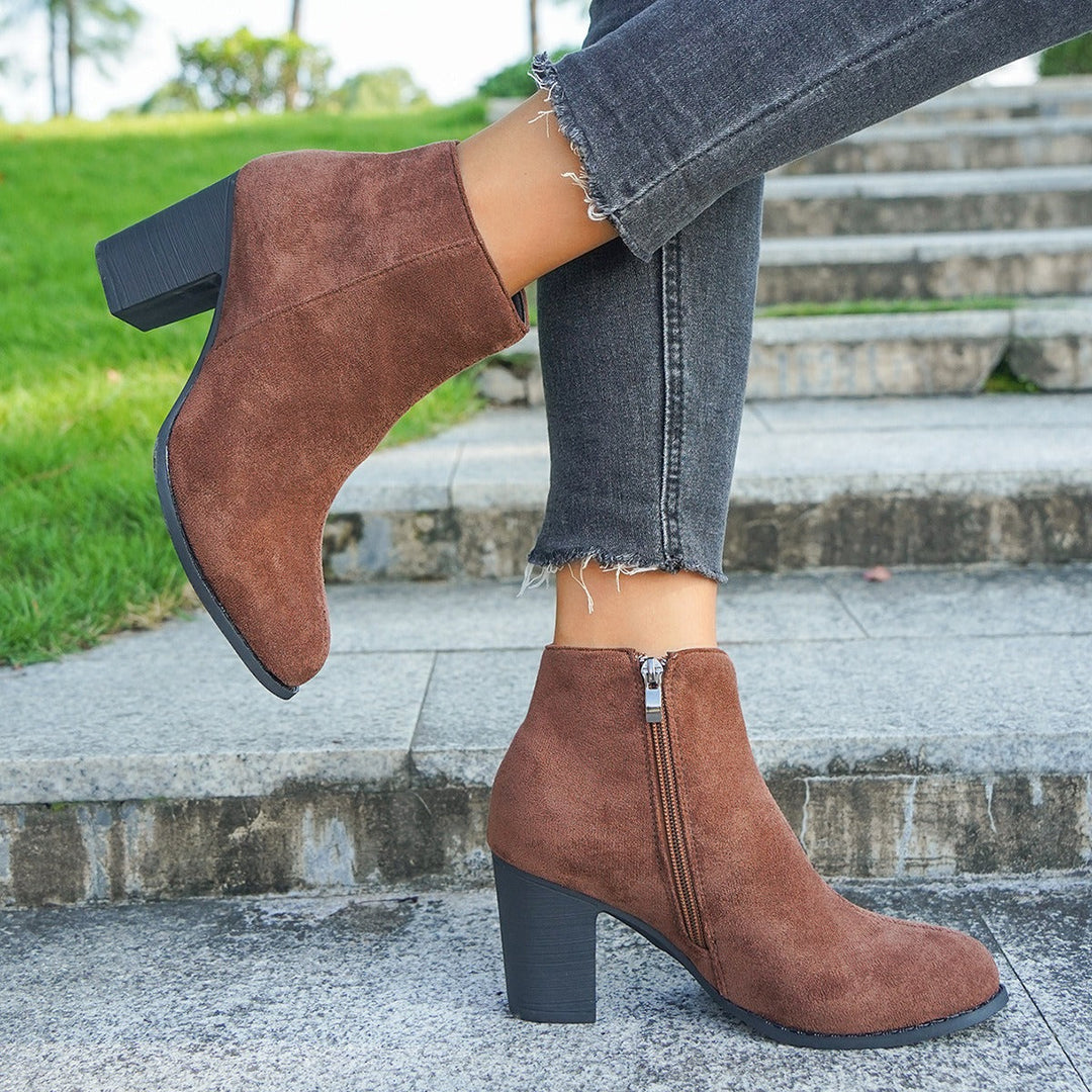 Lune London | Ankle Boots - Suede Feel - Block Heel - Side Zipper - Sleek Contoured Fit