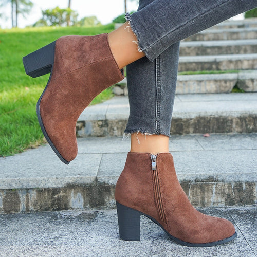 Lune London | Ankle Boots - Suede Feel - Block Heel - Side Zipper - Sleek Contoured Fit