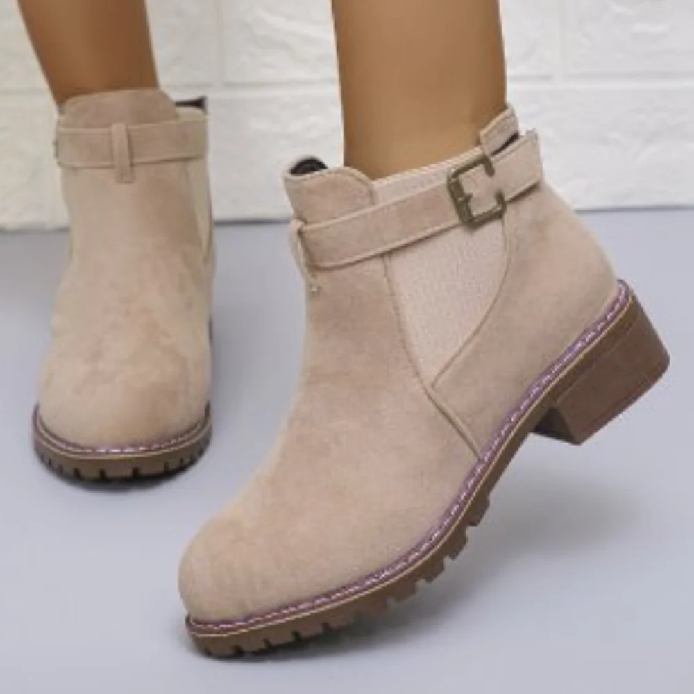 Lune London | Ankle Boots - Suede Texture - Buckle Strap - Elastic Panel - Rubber Sole