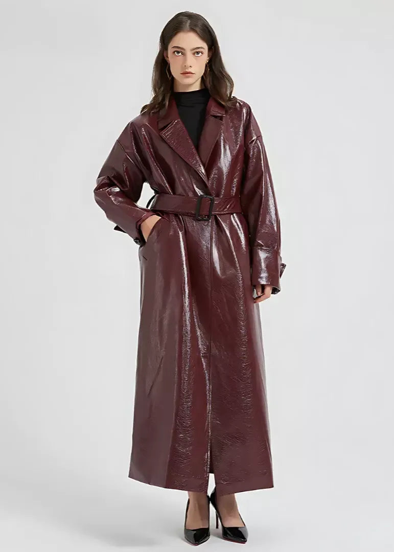 Chic und Stil | Trench coat - Shiny Vegan Leather - Slim Fit - Fully Length - With Belt at the Waist